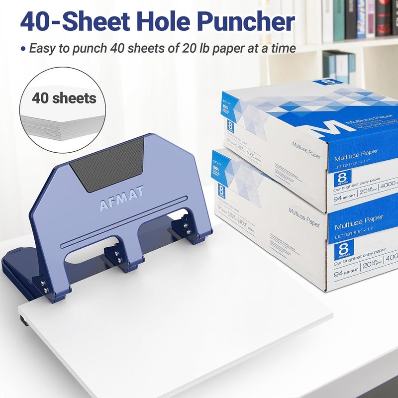 AFMAT 3 Hole Punch, 9/32" Holes, 40-Sheet 3 Hole Puncher for Binder, 50% Reduced Effort, Metal Heavy Duty Three Hole Punch w/ 10,000+ Uses, Bulit-in S.S. Paper Guide, Large Chip Tray, Blue, HPX3 - Image 2